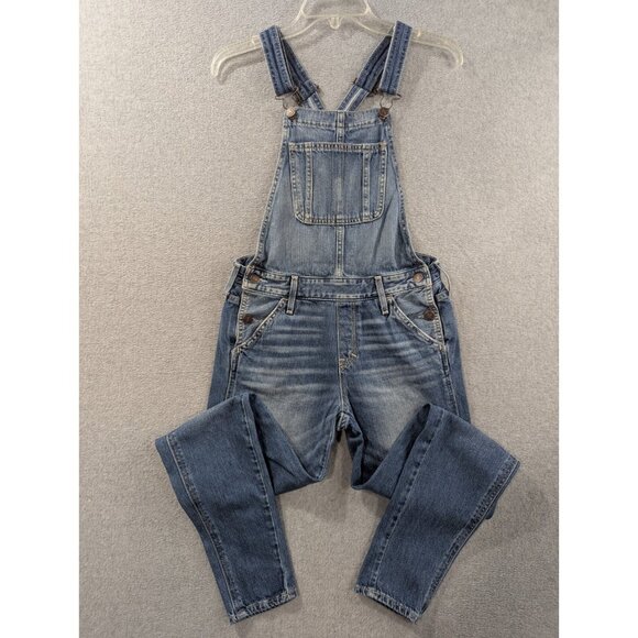Ambercrombie Fitch Denim Bib Overalls Womens SZ XS Blue Whiskers Tapered Classic - Picture 1 of 15